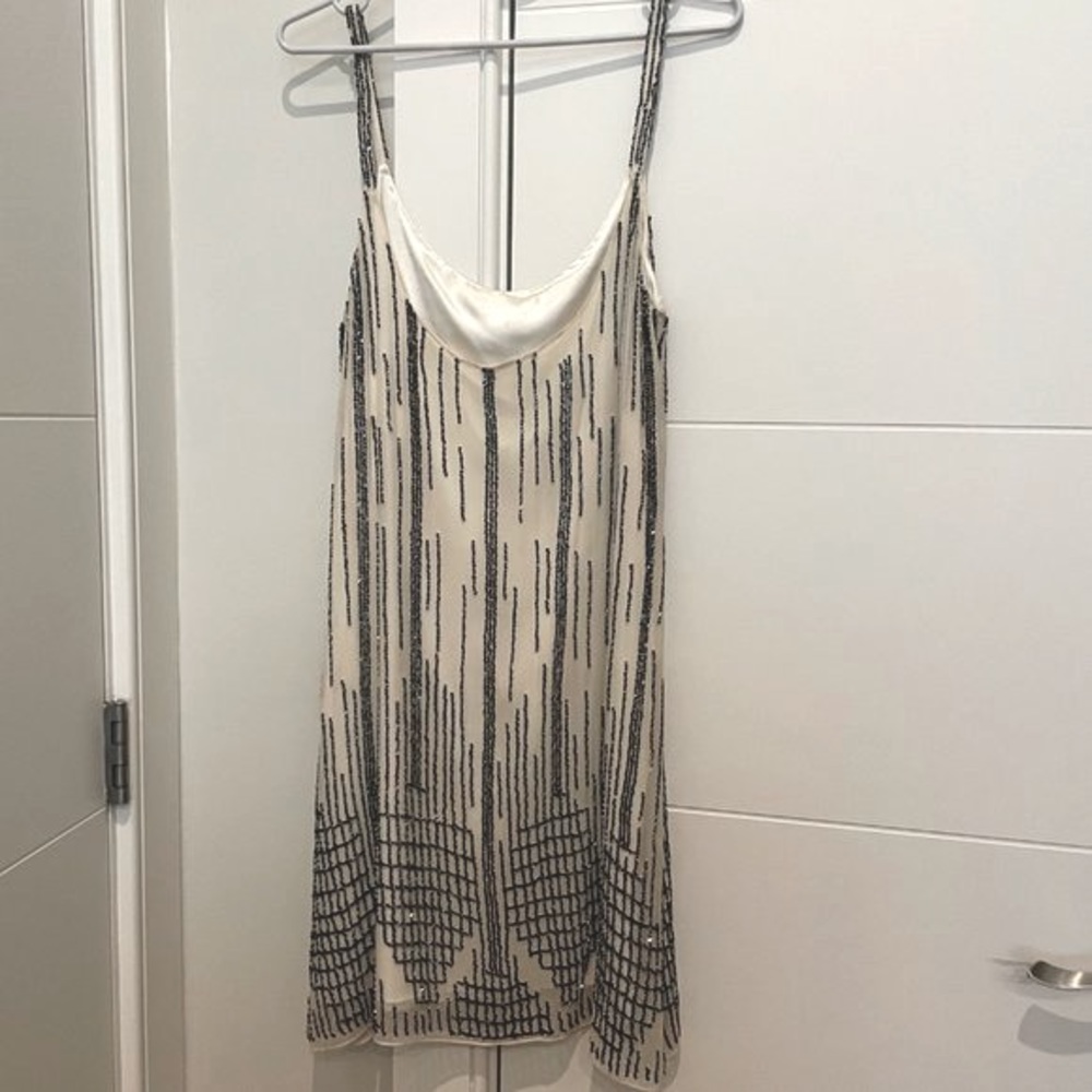Parker Silk Beige Mini Beaded Dress (L)